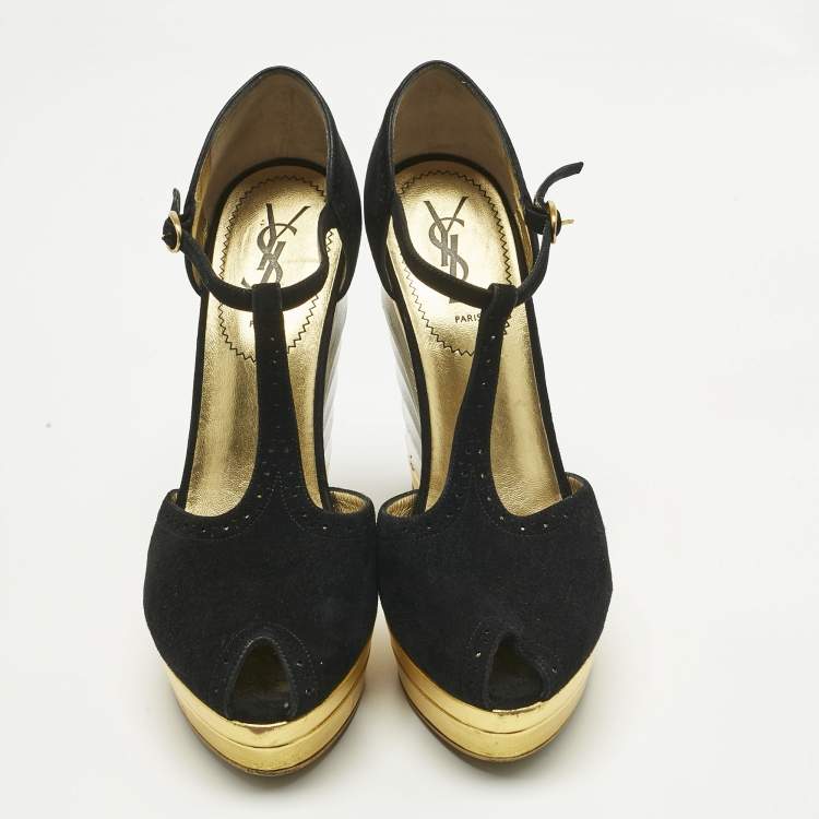 Pre Owned Yves Saint Laurent Black Suede Wedge Pumps Size 38