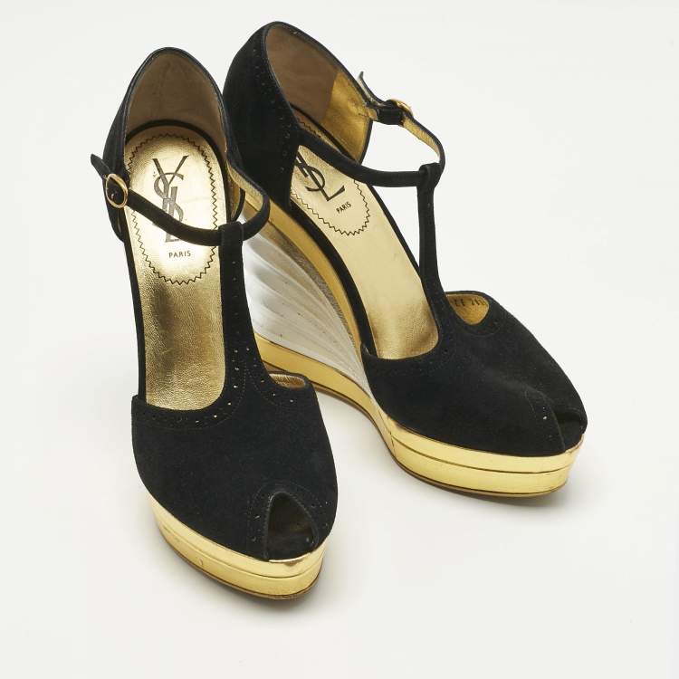 Pre Owned Yves Saint Laurent Black Suede Wedge Pumps Size 38