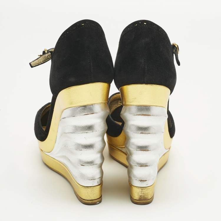 Pre Owned Yves Saint Laurent Black Suede Wedge Pumps Size 38