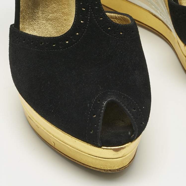 Pre Owned Yves Saint Laurent Black Suede Wedge Pumps Size 38