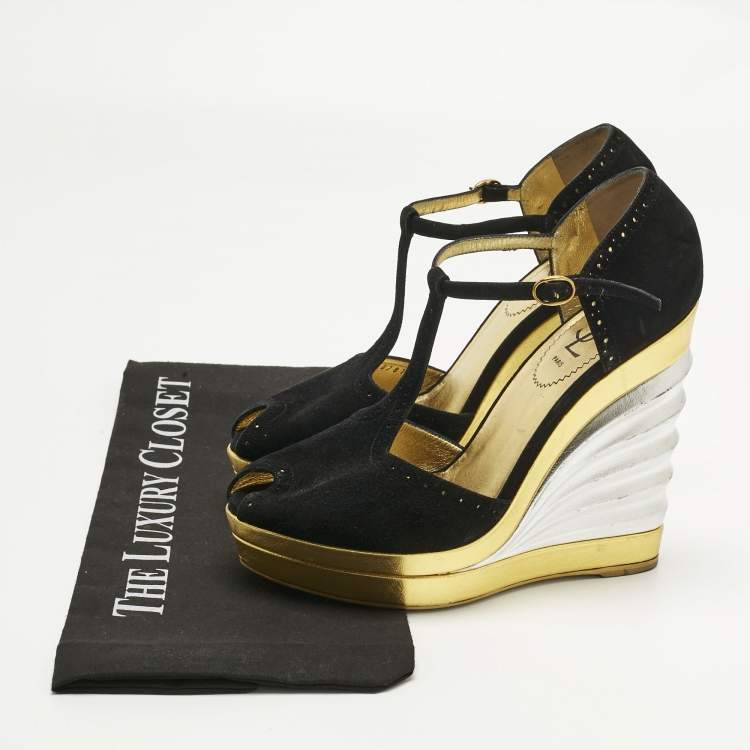 Pre Owned Yves Saint Laurent Black Suede Wedge Pumps Size 38