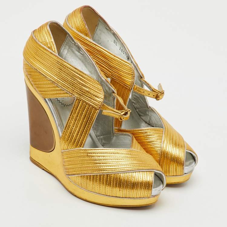 Pre Owned Yves Saint Laurent Metallic Gold Leather Peep Toe Platform Wedge Pumps Size 37
