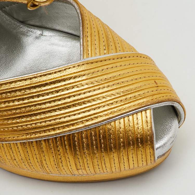 Pre Owned Yves Saint Laurent Metallic Gold Leather Peep Toe Platform Wedge Pumps Size 37