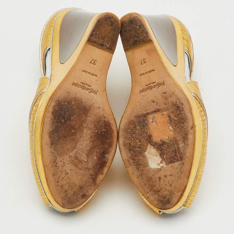 Pre Owned Yves Saint Laurent Metallic Gold Leather Peep Toe Platform Wedge Pumps Size 37