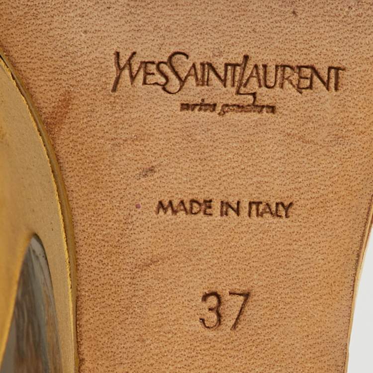 Pre Owned Yves Saint Laurent Metallic Gold Leather Peep Toe Platform Wedge Pumps Size 37