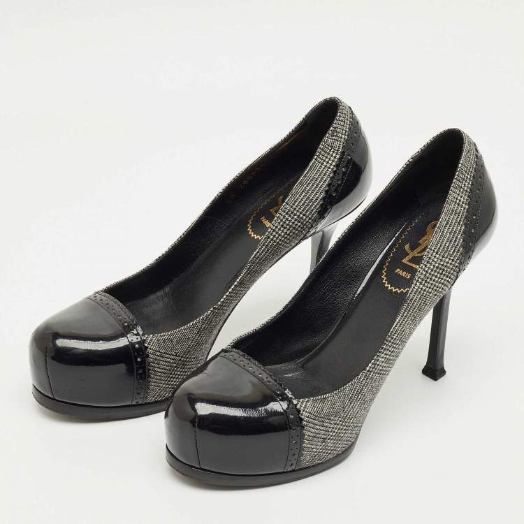 Pre Owned Yves Saint Laurent Black/Grey Tweed and  Patent Leather Platform Pumps Size 37.5