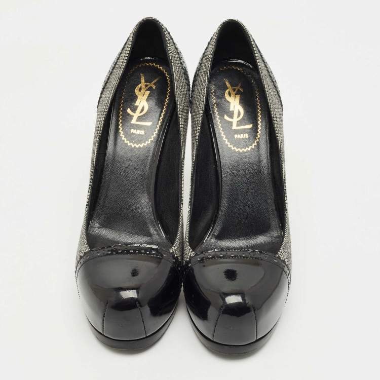 Pre Owned Yves Saint Laurent Black/Grey Tweed and  Patent Leather Platform Pumps Size 37.5