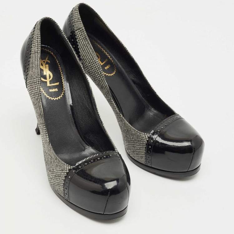 Pre Owned Yves Saint Laurent Black/Grey Tweed and  Patent Leather Platform Pumps Size 37.5