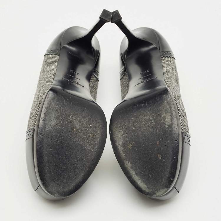 Pre Owned Yves Saint Laurent Black/Grey Tweed and  Patent Leather Platform Pumps Size 37.5