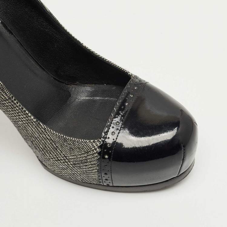 Pre Owned Yves Saint Laurent Black/Grey Tweed and  Patent Leather Platform Pumps Size 37.5