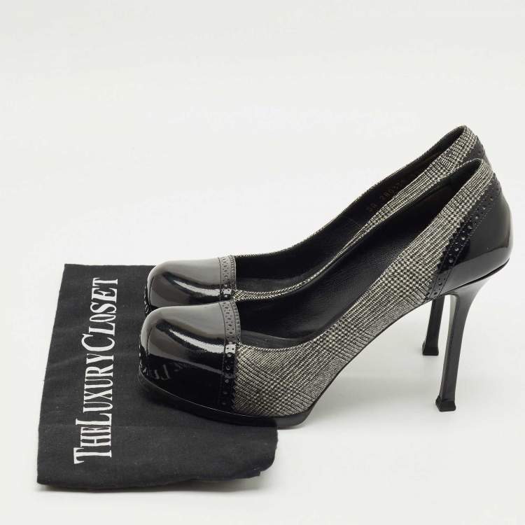 Pre Owned Yves Saint Laurent Black/Grey Tweed and  Patent Leather Platform Pumps Size 37.5