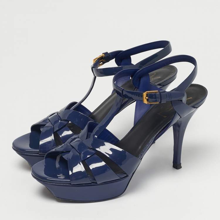 Pre Owned Yves Saint Laurent Navy Blue Patent Leather Tribute Platform Sandals Size 39