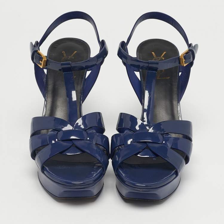Pre Owned Yves Saint Laurent Navy Blue Patent Leather Tribute Platform Sandals Size 39