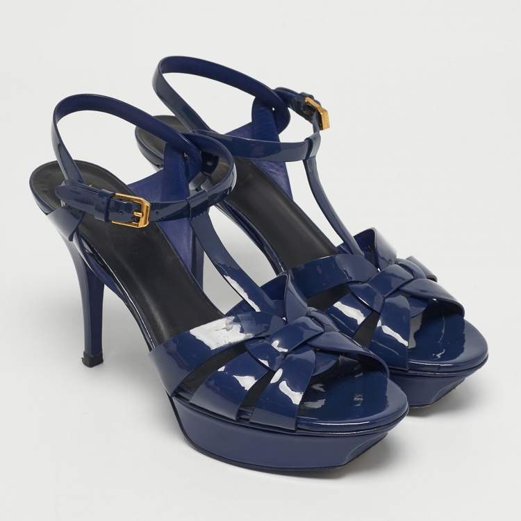 Pre Owned Yves Saint Laurent Navy Blue Patent Leather Tribute Platform Sandals Size 39