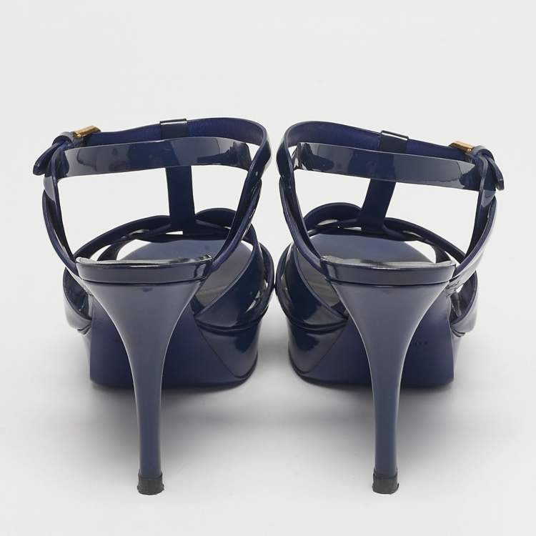 Pre Owned Yves Saint Laurent Navy Blue Patent Leather Tribute Platform Sandals Size 39