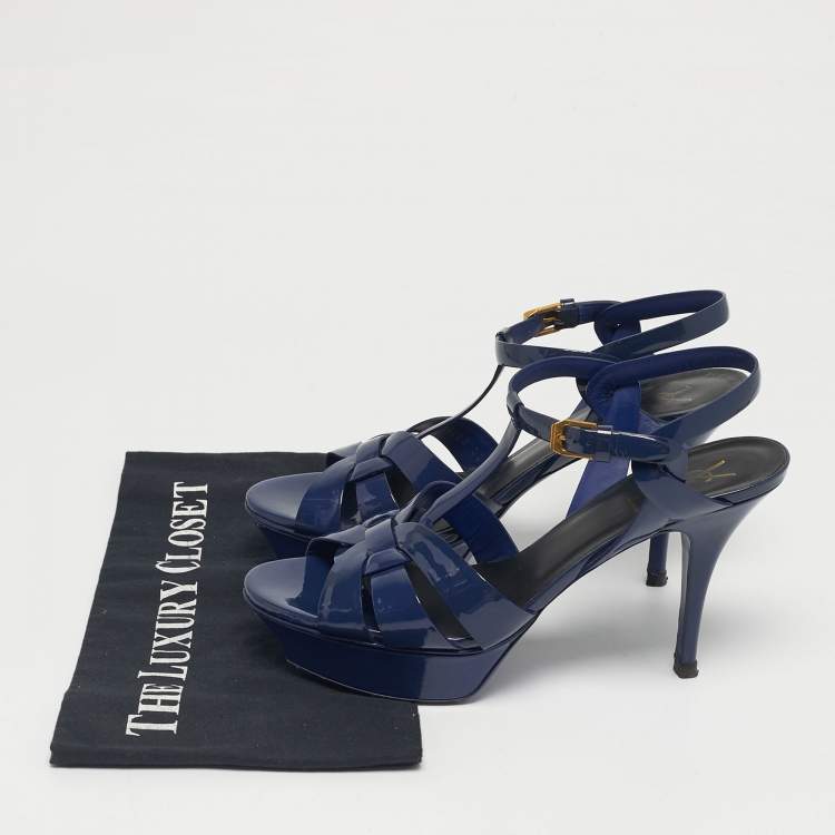 Pre Owned Yves Saint Laurent Navy Blue Patent Leather Tribute Platform Sandals Size 39