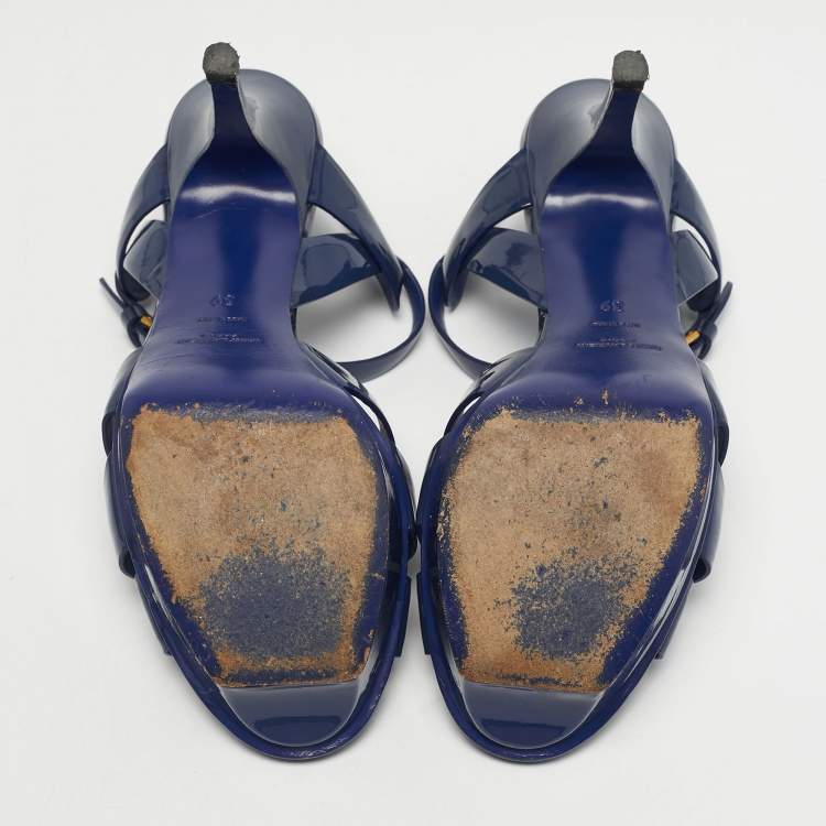 Pre Owned Yves Saint Laurent Navy Blue Patent Leather Tribute Platform Sandals Size 39
