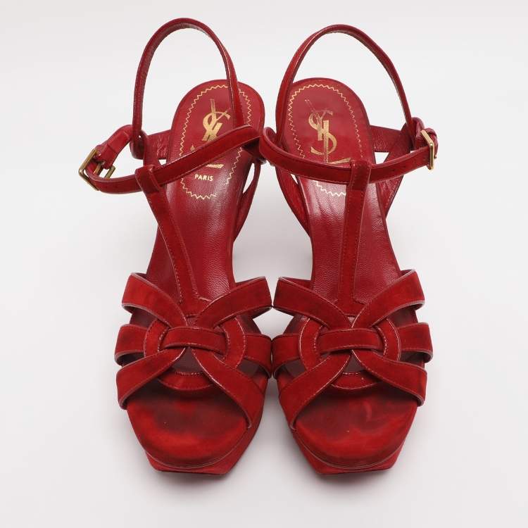 Pre Owned Yves Saint Laurent Red Suede Tribute Sandals Size 35.5
