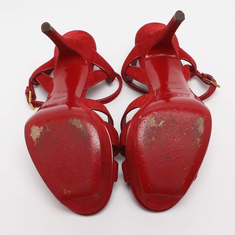 Pre Owned Yves Saint Laurent Red Suede Tribute Sandals Size 35.5