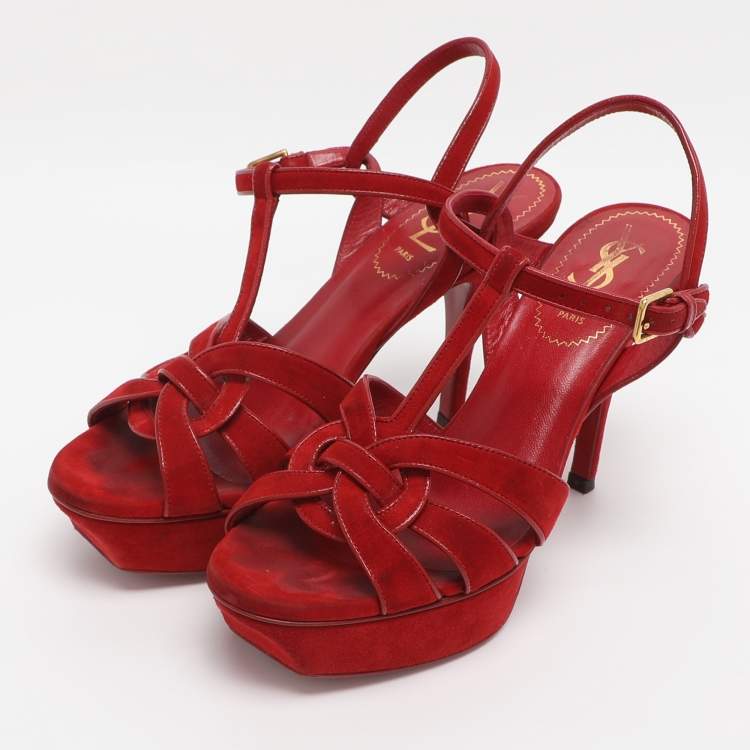 Pre Owned Yves Saint Laurent Red Suede Tribute Sandals Size 35.5