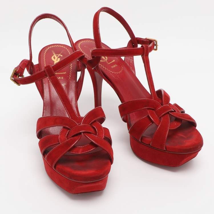 Pre Owned Yves Saint Laurent Red Suede Tribute Sandals Size 35.5