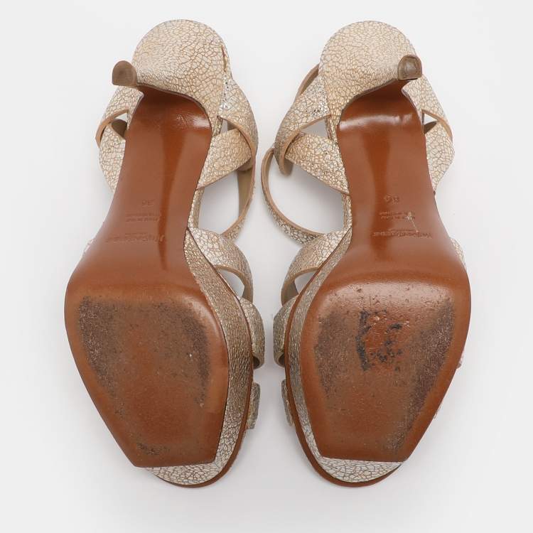 Pre Owned Saint Laurent Gold Textured Leather Tribute Platform Sandals Size 36