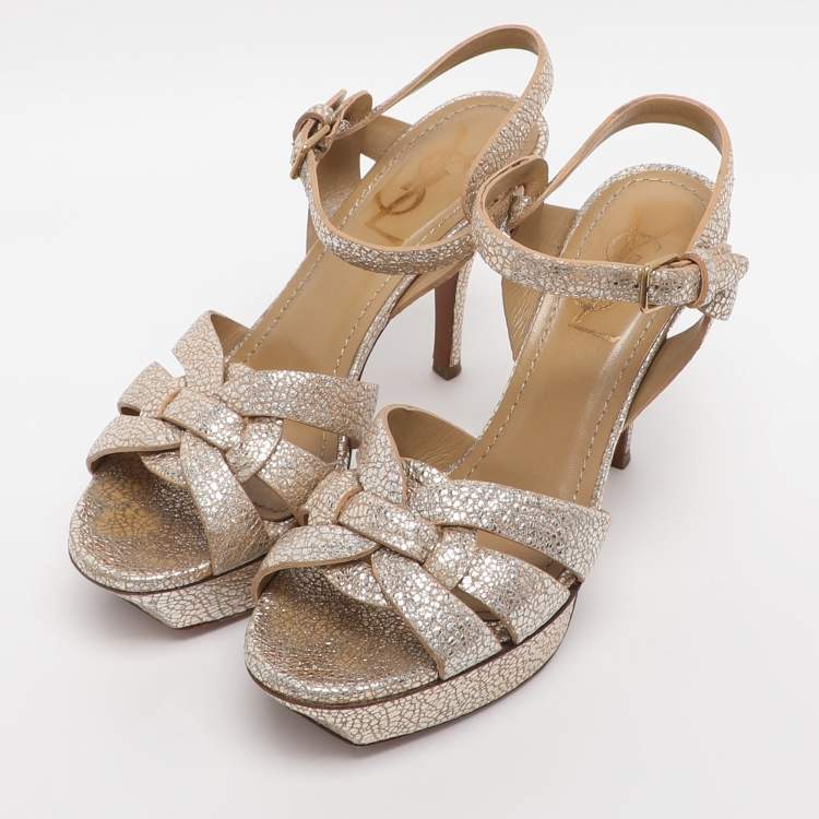 Pre Owned Saint Laurent Gold Textured Leather Tribute Platform Sandals Size 36