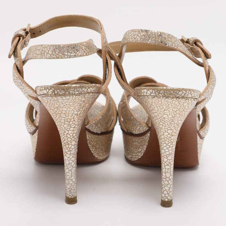 Pre Owned Saint Laurent Gold Textured Leather Tribute Platform Sandals Size 36