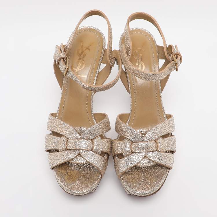 Pre Owned Saint Laurent Gold Textured Leather Tribute Platform Sandals Size 36