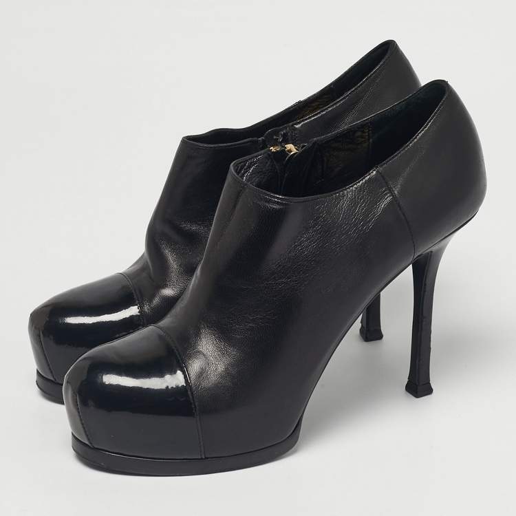Pre Owned Yves Saint Laurent Black Patent Leather Tribute Booties Size 37.5