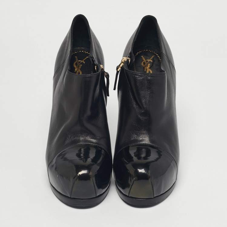 Pre Owned Yves Saint Laurent Black Patent Leather Tribute Booties Size 37.5