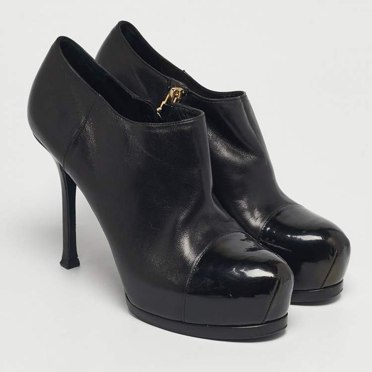 Pre Owned Yves Saint Laurent Black Patent Leather Tribute Booties Size 37.5