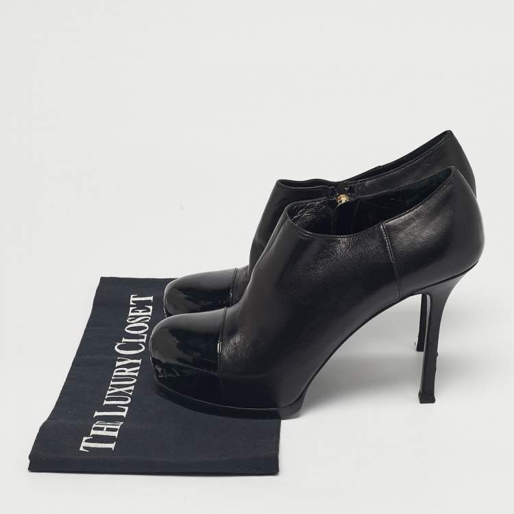 Pre Owned Yves Saint Laurent Black Patent Leather Tribute Booties Size 37.5