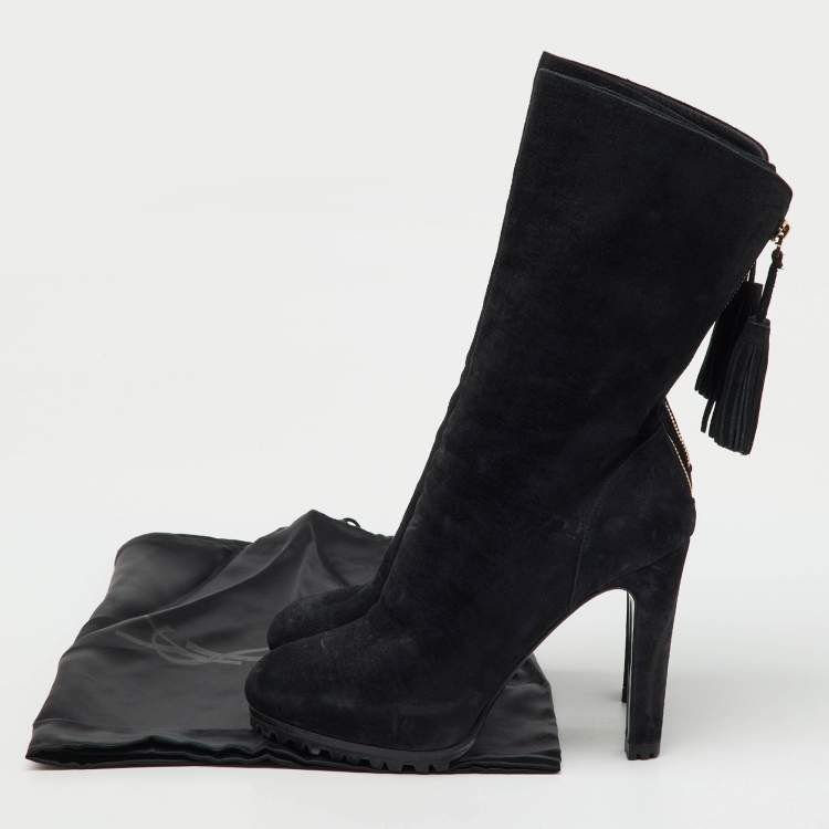 Pre Owned Yves Saint Laurent Black Nubuck Leather Tassel Mid Calf Platform Boots Size 37.5