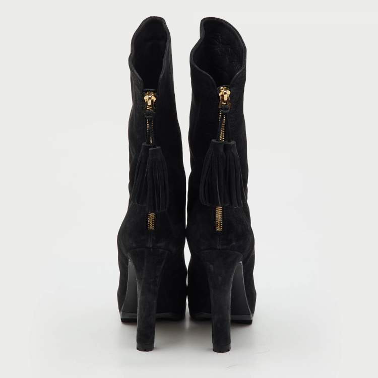 Pre Owned Yves Saint Laurent Black Nubuck Leather Tassel Mid Calf Platform Boots Size 37.5