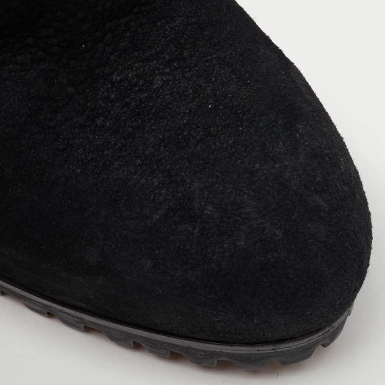 Pre Owned Yves Saint Laurent Black Nubuck Leather Tassel Mid Calf Platform Boots Size 37.5