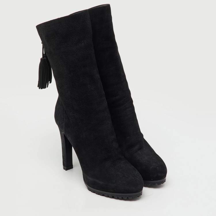 Pre Owned Yves Saint Laurent Black Nubuck Leather Tassel Mid Calf Platform Boots Size 37.5