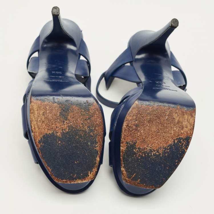 Pre Owned Yves Saint Laurent Navy Blue Leather Tribute Platform Sandals Size 38.5