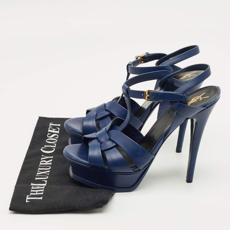 Pre Owned Yves Saint Laurent Navy Blue Leather Tribute Platform Sandals Size 38.5