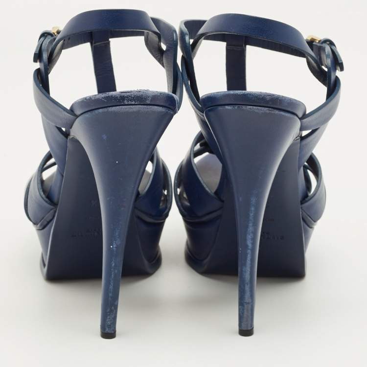 Pre Owned Yves Saint Laurent Navy Blue Leather Tribute Platform Sandals Size 38.5