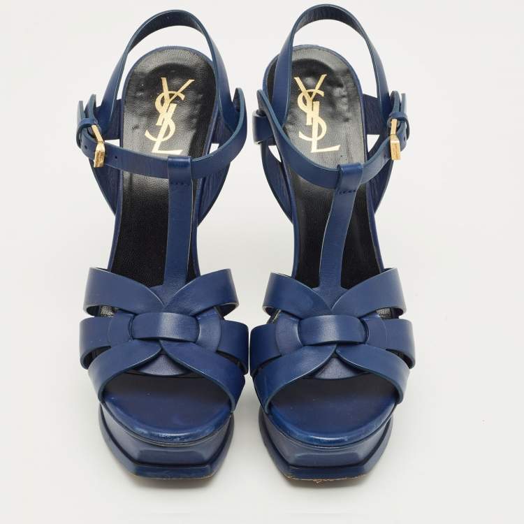 Pre Owned Yves Saint Laurent Navy Blue Leather Tribute Platform Sandals Size 38.5