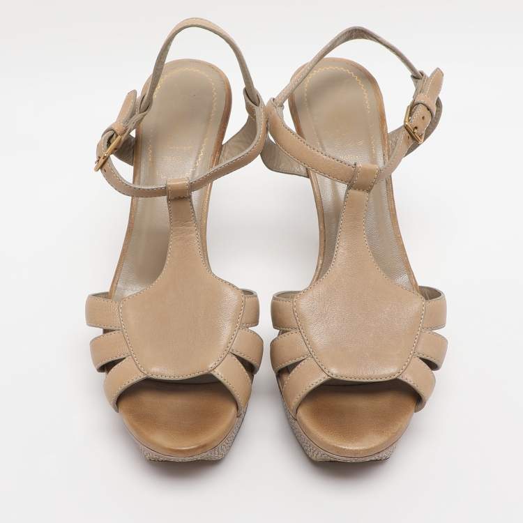 Pre Owned Yves Saint Laurent Beige Leather and Stingray Leather Platform Sandals Size 37