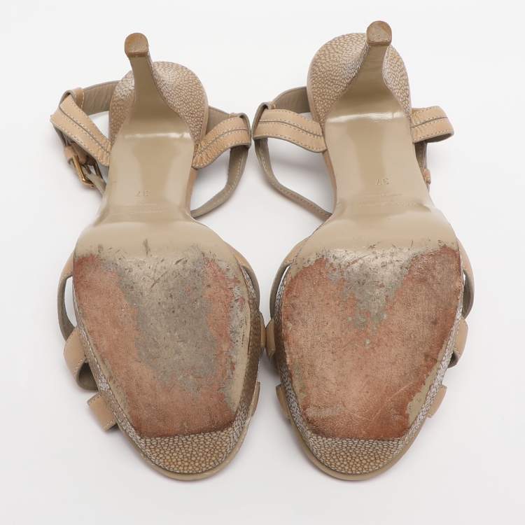 Pre Owned Yves Saint Laurent Beige Leather and Stingray Leather Platform Sandals Size 37