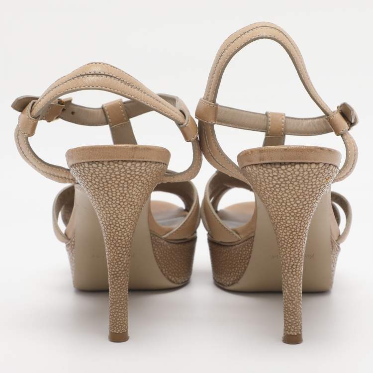 Pre Owned Yves Saint Laurent Beige Leather and Stingray Leather Platform Sandals Size 37