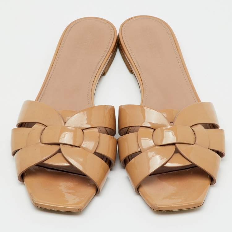 Pre Owned Saint Laurent Beige Patent Leather Tribute Flat Sandals Size 40