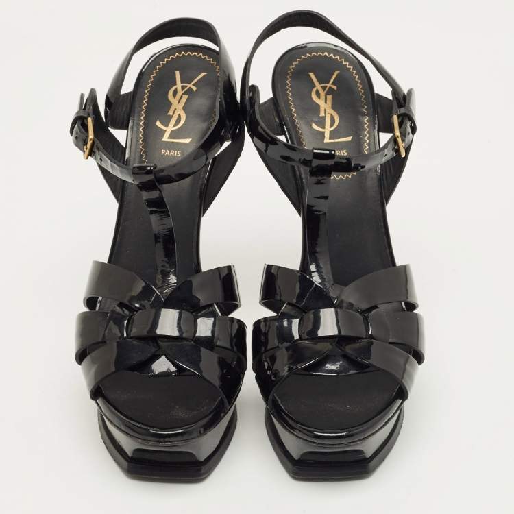 Pre Owned Yves Saint Laurent Black Patent Leather Tribute Platform Sandals Size 39