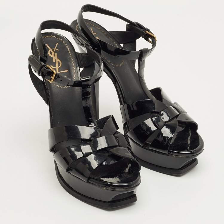 Pre Owned Yves Saint Laurent Black Patent Leather Tribute Platform Sandals Size 39