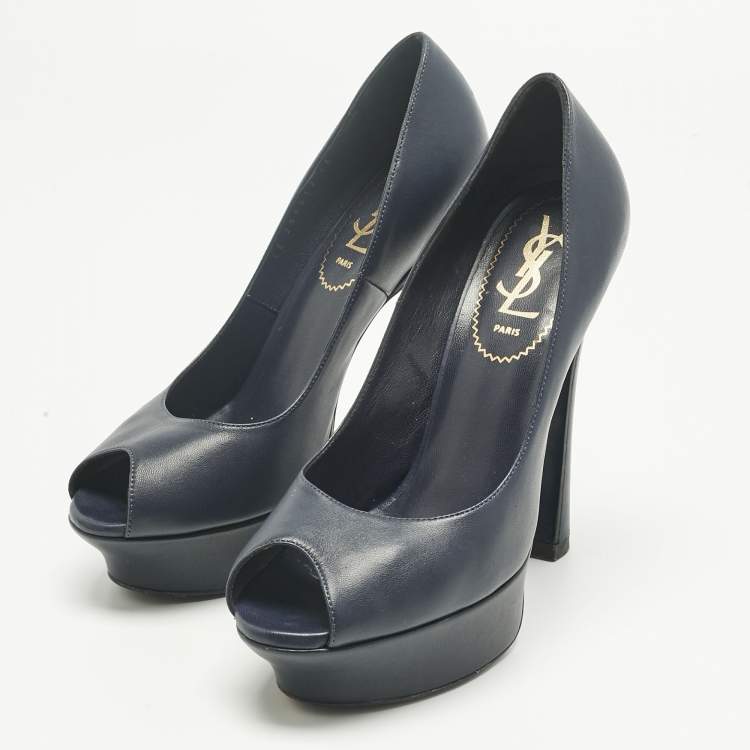 Pre Owned Yves Saint Laurent Navy Blue Leather Platform Peep Toe Pumps Size 36