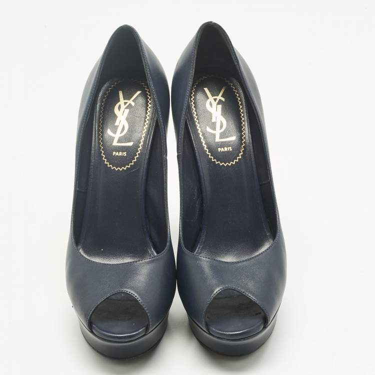 Pre Owned Yves Saint Laurent Navy Blue Leather Platform Peep Toe Pumps Size 36