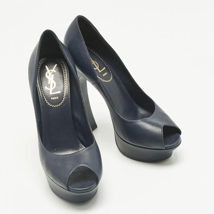 Pre Owned Yves Saint Laurent Navy Blue Leather Platform Peep Toe Pumps Size 36